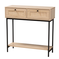 Baxton Studio Sherwin Mid-Century Modern Light Brown  and Black 2-Drawer Console Table with Woven Rattan Accent